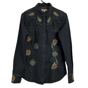 Stetson Womens Denim Embroidered Snap Front Long Sleeve Shirt S Small Floral